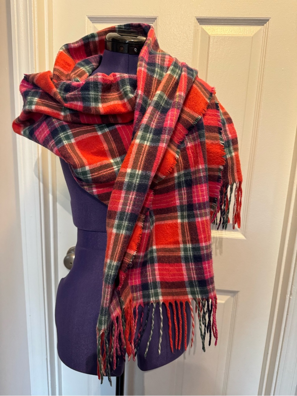 Vince Camuto Red Plaid Fringe Scarf-Style Crewneck Layer